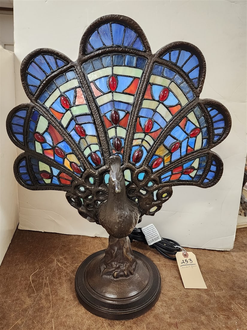 Metal & Leaded Glass Peacock Table Lamp 20" H X 15" W: Metal & Leaded Glass Peacock Table Lamp 20" H X 15" W