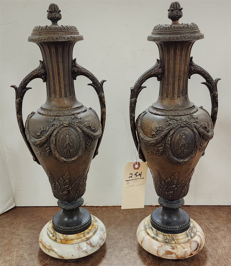 Pr. 19th C White Metal Covered Urns 19" H: Pr. 19th C White Metal Covered Urns 19" H