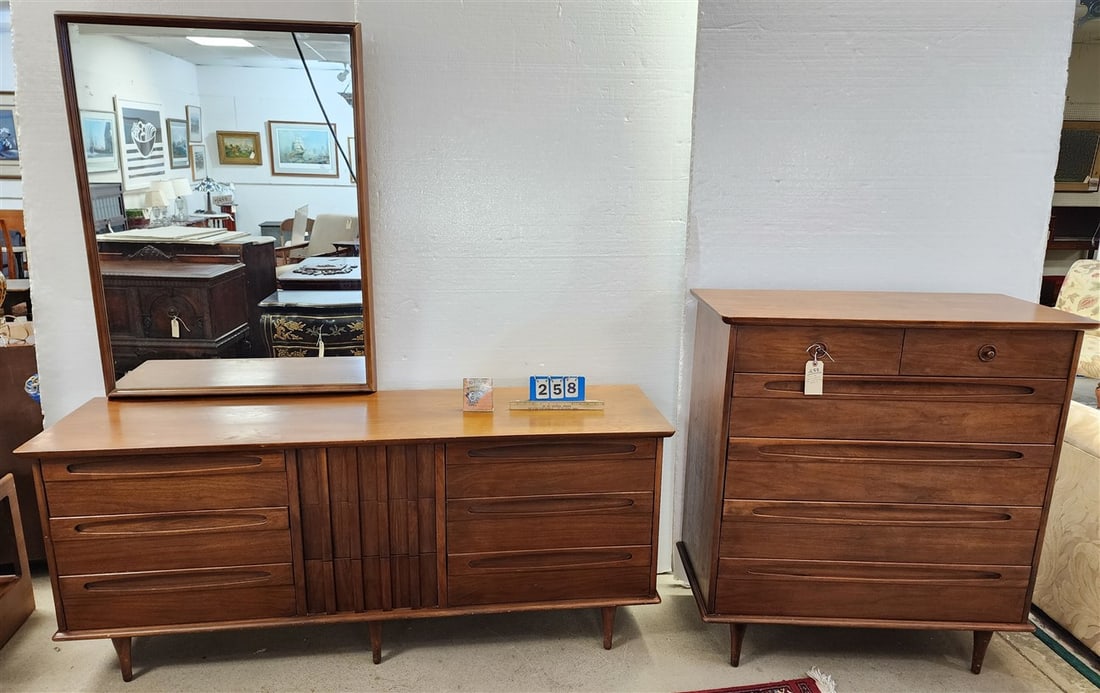 2 Pc. Mid Century Walnut American Of Martinsville Bed Set - 9 Drawer Dresser 75" H X 71 1/2" W X 19": 2 Pc. Mid Century Walnut American Of Martinsville Bed Set - 9 Drawer Dresser 75" H X 71 1/2" W X 19" D + 6 Drawer Chest 45" H X 40" W X 19" D