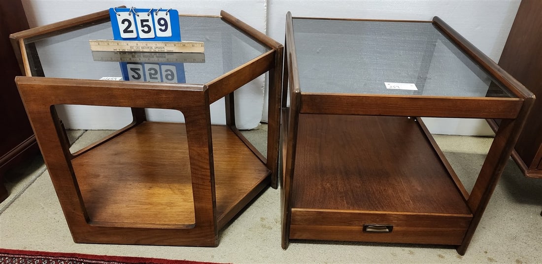 MCM Walnut 1 Drawer End Stand w/Smoke Glass 20" H X 21" W X 27 1/2" D + MCM Walnut Hexagonal Side: MCM Walnut 1 Drawer End Stand w/Smoke Glass 20" H X 21" W X 27 1/2" D + MCM Walnut Hexagonal Side Table 20" H X 30" Diam.