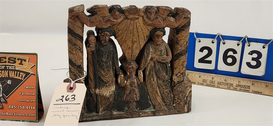 Carved Wooden Relief Panel Of The Holy Family 7" H X 8" W X 2 1/2" D: Carved Wooden Relief Panel Of The Holy Family 7" H X 8" W X 2 1/2" D