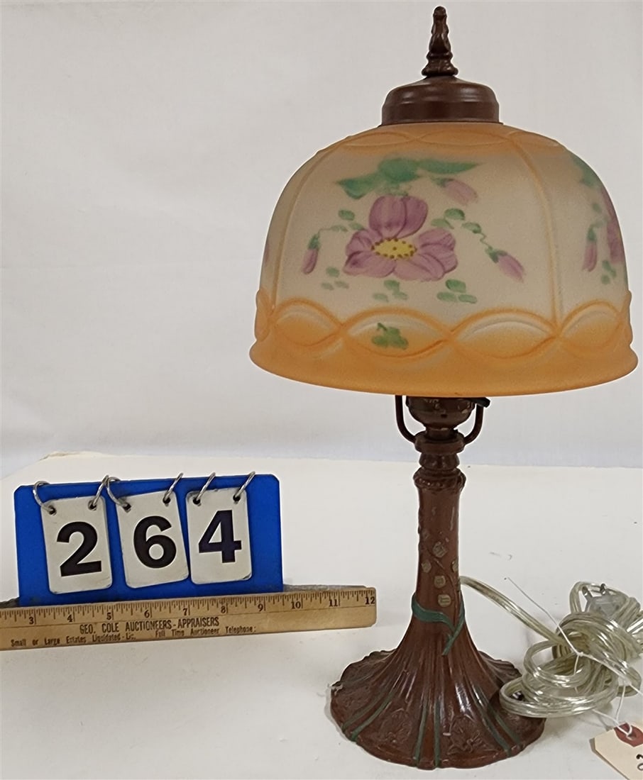 Vintage 20's Dresser Lamp w/Hand Enameled Glass Shade 15" H X 8" Diam.: Vintage 20's Dresser Lamp w/Hand Enameled Glass Shade 15" H X 8" Diam.