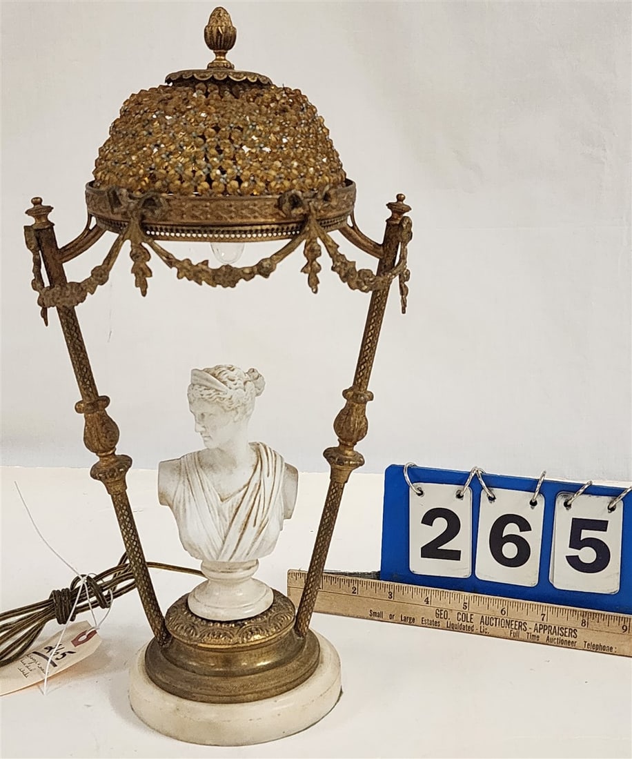 Bronze & Marble Boudoir Lamp w/Beaded Shade 15" H (1 of 4)