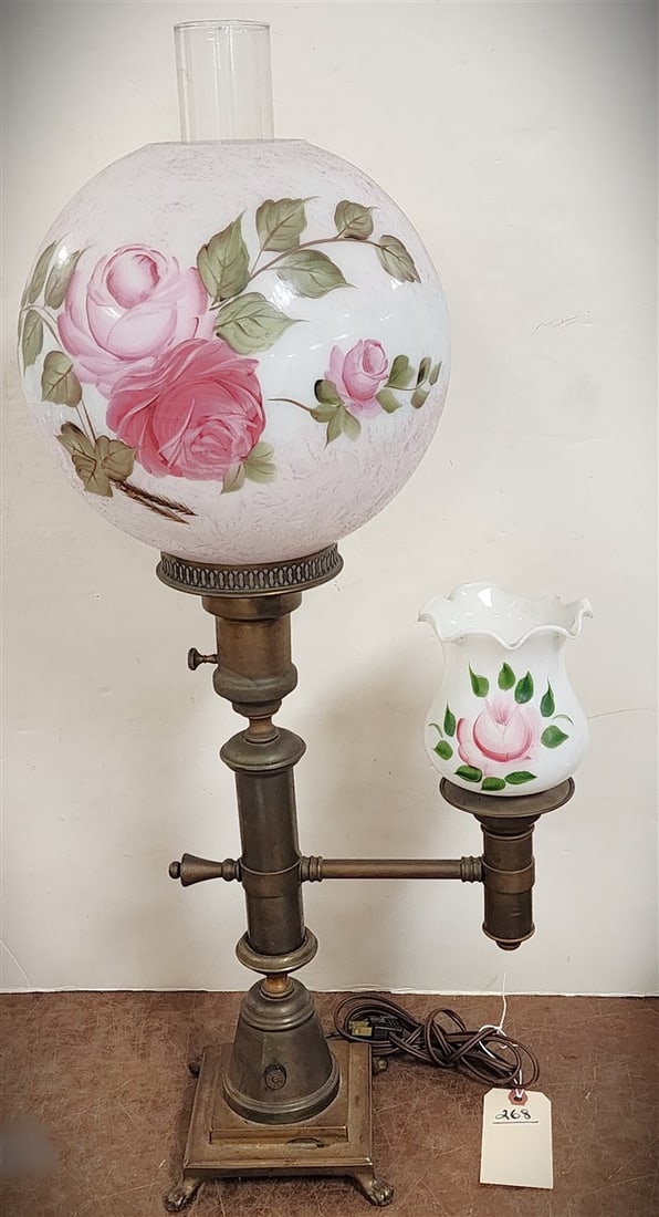 Brass Lamp w/Hand Enameled Shades 28 1/2" H: Brass Lamp w/Hand Enameled Shades 28 1/2" H