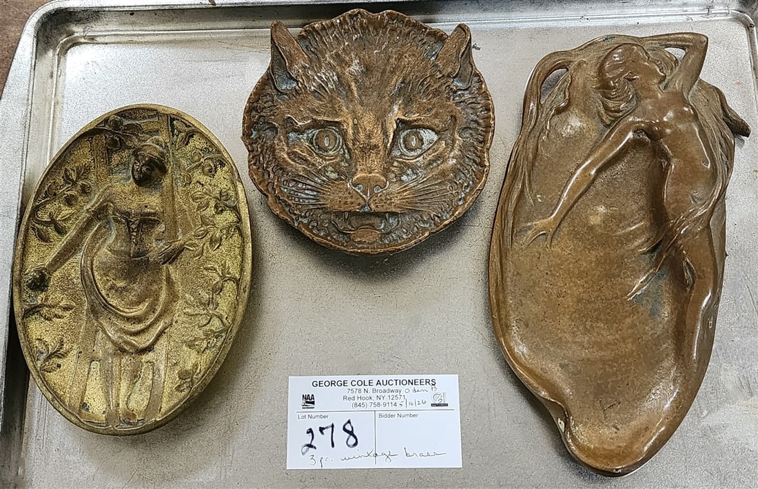 Tray 3 Vintage Brass Pin Dishes - Art Nouveau 8" X 4", Cat 4 3/4" Diam. + Naughty Bottom 5 1/2" X 4": Tray 3 Vintage Brass Pin Dishes - Art Nouveau 8" X 4", Cat 4 3/4" Diam. + Naughty Bottom 5 1/2" X 4"