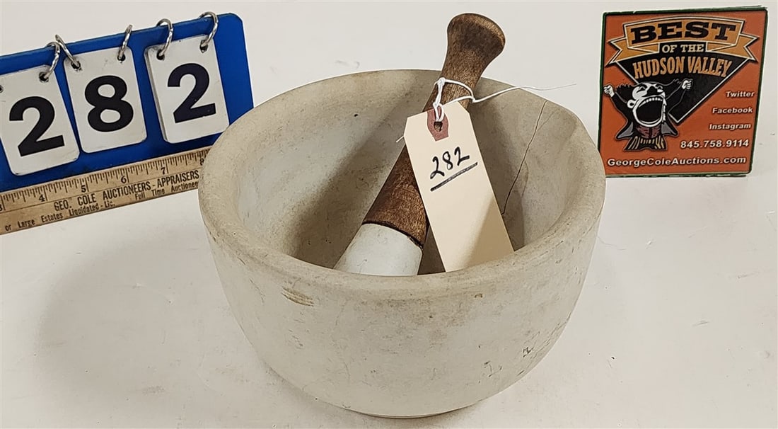 Antique Stoneware Mortar & Pestle (Has Crack): Antique Stoneware Mortar & Pestle (Has Crack)
