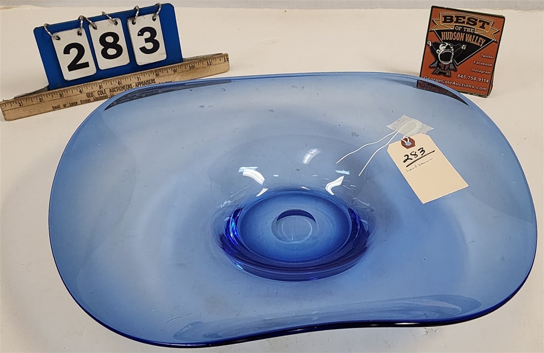 Blue Hand Blown Free Form Bowl 4" H X 17 1/2" Diam.: Blue Hand Blown Free Form Bowl 4" H X 17 1/2" Diam.