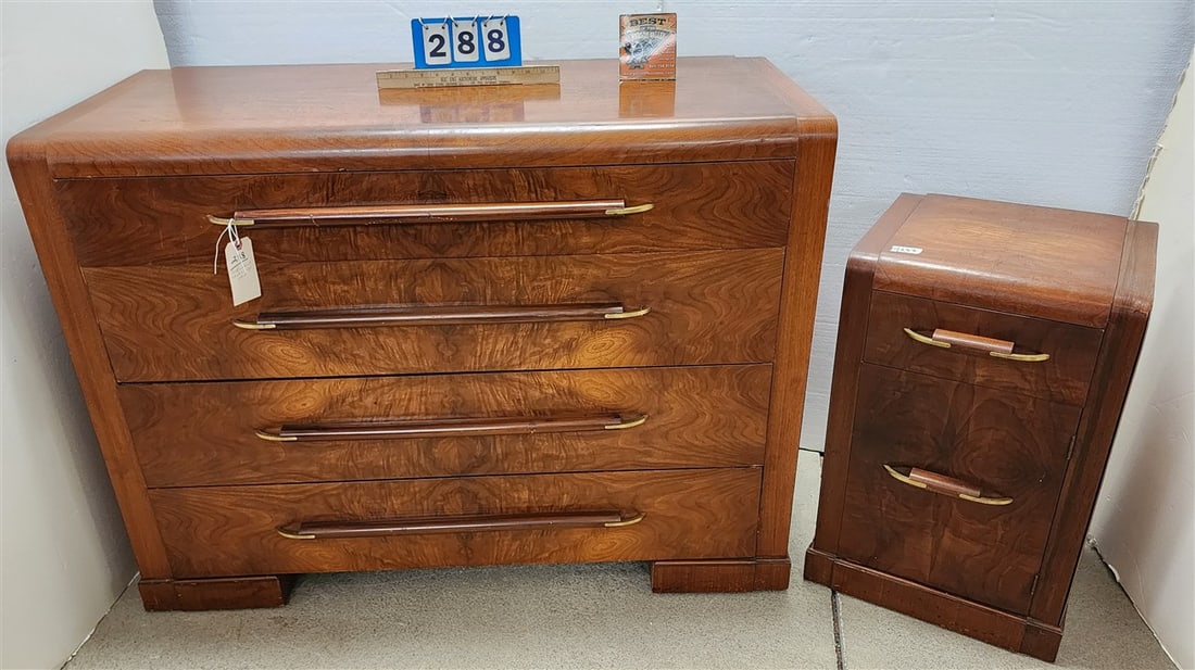 Deco Walnut 4 Drawer Chest 32" H X 46" W X 20" D w/1 Door, 1 Drawer Nightstand 26" H X 16" W X 14" D: Deco Walnut 4 Drawer Chest 32" H X 46" W X 20" D w/1 Door, 1 Drawer Nightstand 26" H X 16" W X 14" D