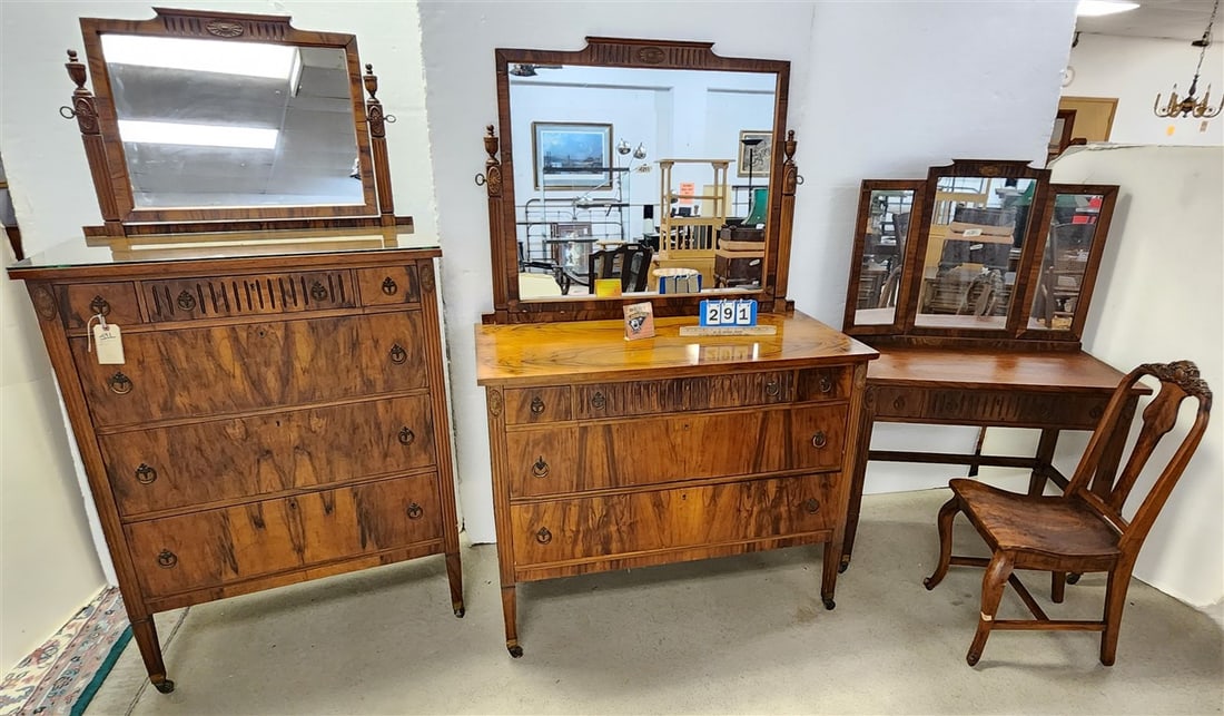4 Pc. Walnut Bed Set - 6 Drawer Dresser 67" H X 3' W X 20" D, 5 Drawer Dresser 70 1/2" H X 45" W X: 4 Pc. Walnut Bed Set - 6 Drawer Dresser 67" H X 3' W X 20" D, 5 Drawer Dresser 70 1/2" H X 45" W X 22" D, 3 Drawer Vanity 57" H X 36" W X 18" D + Chair 37" H X 16" W X 16" D