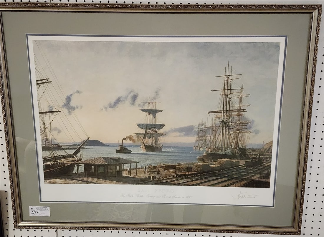 San Pedro 'The Bark Vidette Towing Into Port At Sunrise in 1890' Pencil Sgnd John Stobart 12/750: San Pedro 'The Bark Vidette Towing Into Port At Sunrise in 1890' Pencil Sgnd John Stobart 12/750 23" X 32" w/Frame 31" X 40"
