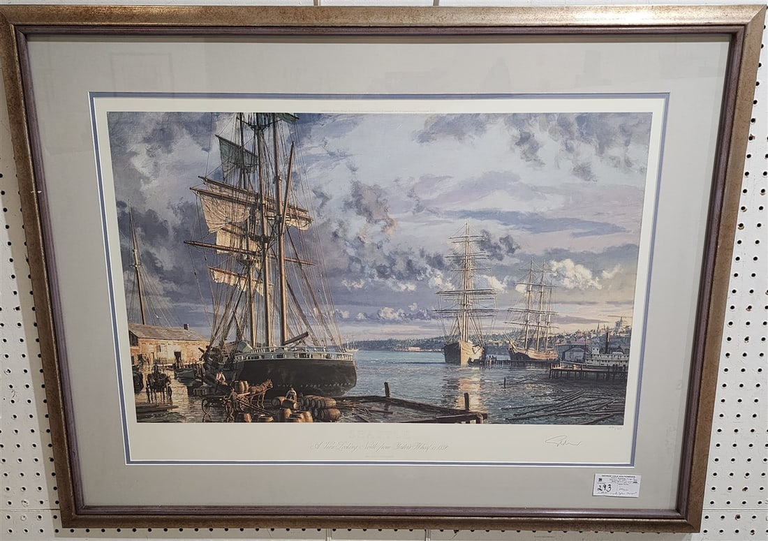 Framed Litho "Seattle A View Looking North From Yesters Warf 1880' Pencil Joh Stobart 294/950 22": Framed Litho "Seattle A View Looking North From Yesters Warf 1880' Pencil Joh Stobart 294/950 22" X 31" w/Frame 31 1/2" X 41"