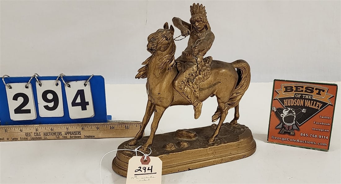 19th C White Metal Equestrian Native American On Horseback 9" X 9 1/2" W X 3 1/2" D: 19th C White Metal Equestrian Native American On Horseback 9" X 9 1/2" W X 3 1/2" D