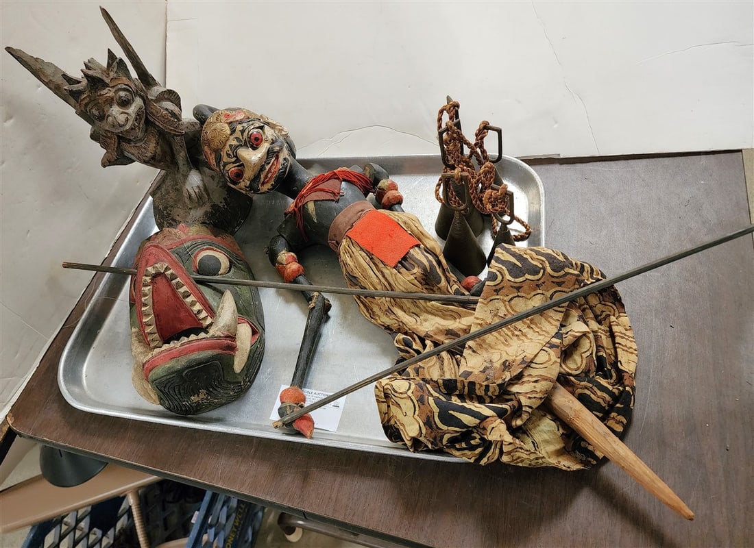 Tray Indo Carved Wooden Items - Puppet 2', Gargoyle 11 1/2" H, Mask 9" X 6" + String Brass Bells: Tray Indo Carved Wooden Items - Puppet 2', Gargoyle 11 1/2" H, Mask 9" X 6" + String Brass Bells