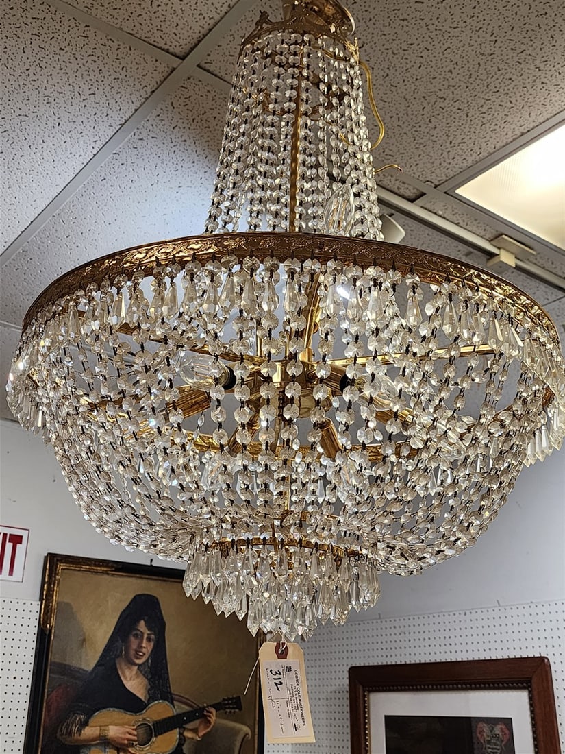Brass & Crystal Chandelier 32" H X 24" Diam.: Brass & Crystal Chandelier 32" H X 24" Diam.