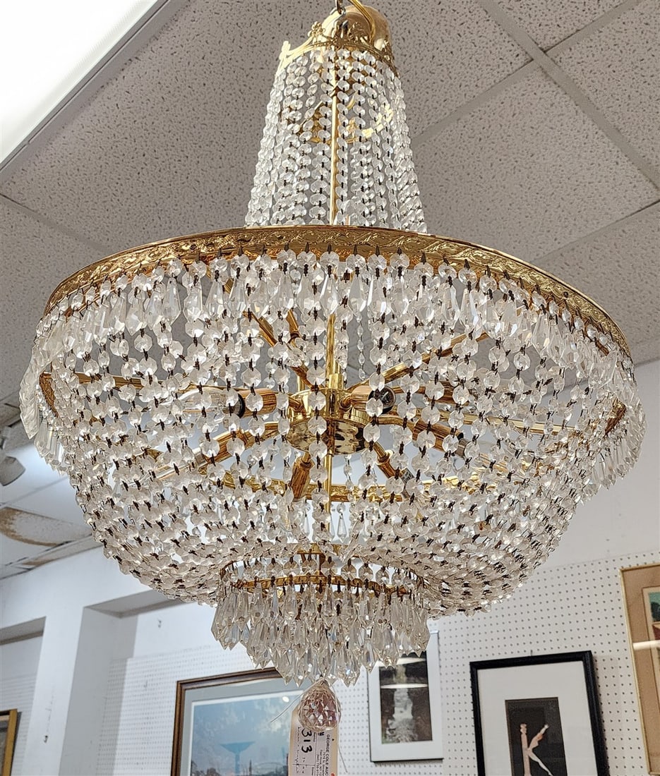 Brass & Crystal Chandelier 32" H X 24" Diam.: Brass & Crystal Chandelier 32" H X 24" Diam.