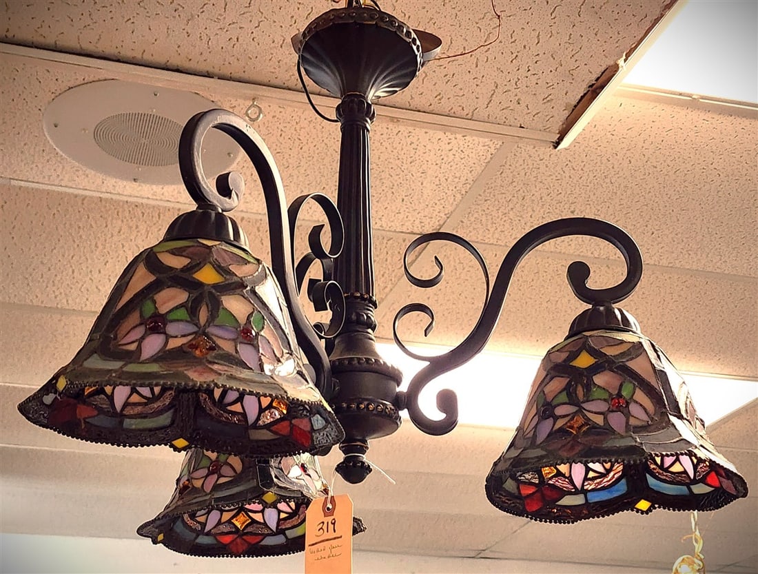 3 Arm Chandelier w/Leaded Glass Shades 19" H X 21" Diam.: 3 Arm Chandelier w/Leaded Glass Shades 19" H X 21" Diam.