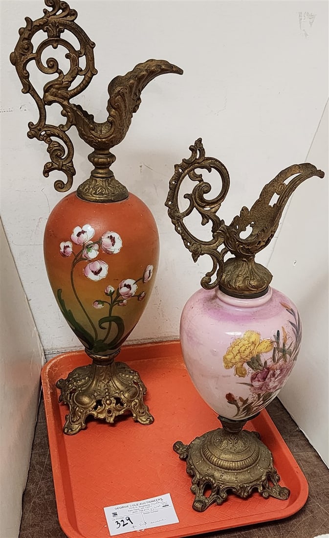 Tray 2 Victorian Metal & Glass Ewers: Tray 2 Victorian Metal & Glass Ewers