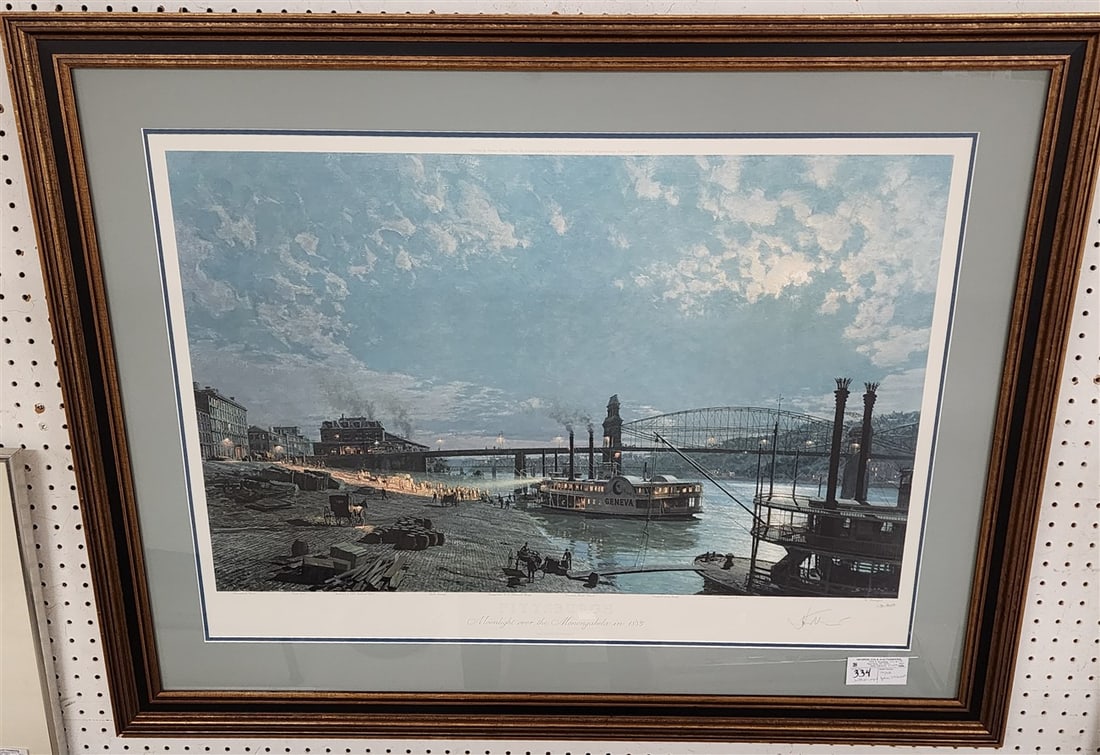 Framed Litho Pittsburgh Moonlight Over The Monomgahela 1985 Pencil Sgnd John Stobart 130/950 23: Framed Litho Pittsburgh Moonlight Over The Monomgahela 1985 Pencil Sgnd John Stobart 130/950 23 1/2" X 33" w/Frame 33" X 42 1/2"