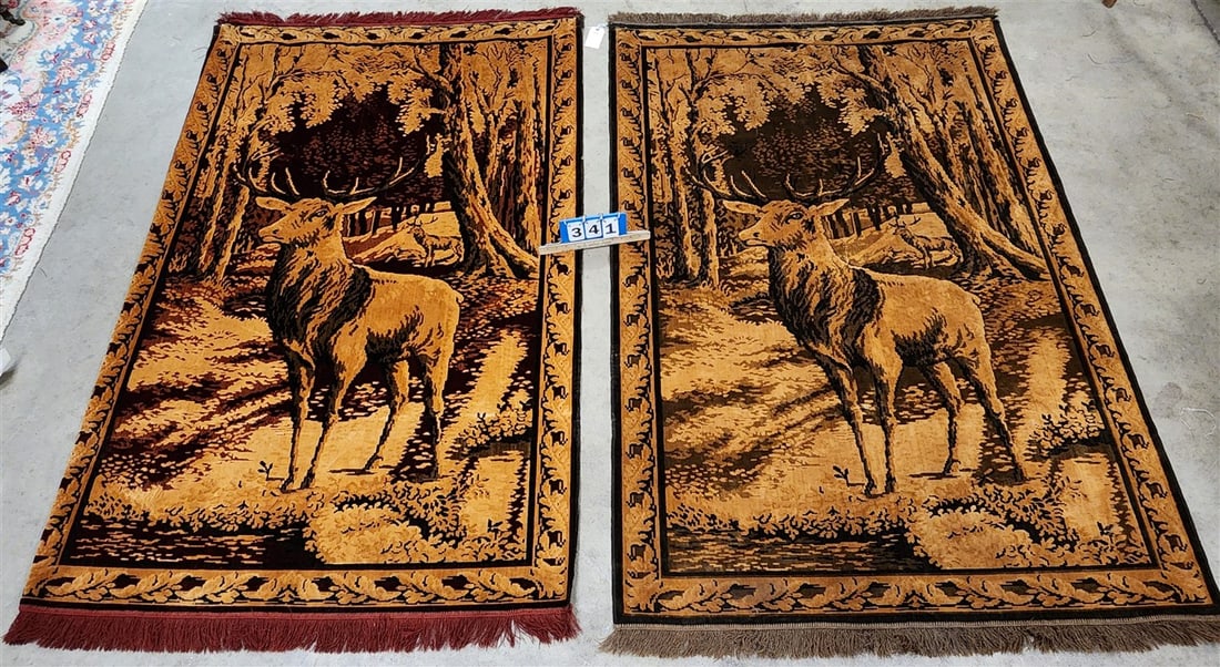 Pair Of Tapestries C1915 Of Deer In Woods 4'3" X 6'5": Pair Of Tapestries C1915 Of Deer In Woods 4'3" X 6'5"