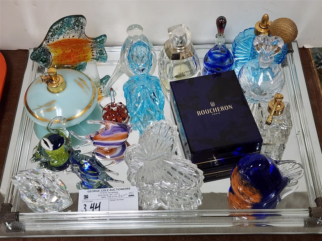 Mirrored Dresser Tray w/Perfume Bottles + Figurines Incl. Swarovski Swan: Mirrored Dresser Tray w/Perfume Bottles + Figurines Incl. Swarovski Swan