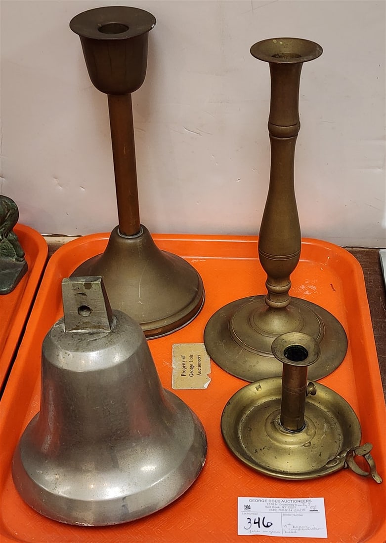 Tray Of Items - Fire Engine Bell 7 1/2" H X 6 3/4" Diam., 2- 19th C Brass Candlesticks 12" + Push Up: Tray Of Items - Fire Engine Bell 7 1/2" H X 6 3/4" Diam., 2- 19th C Brass Candlesticks 12" + Push Up 41 /2" + Brass Candlestick 12"