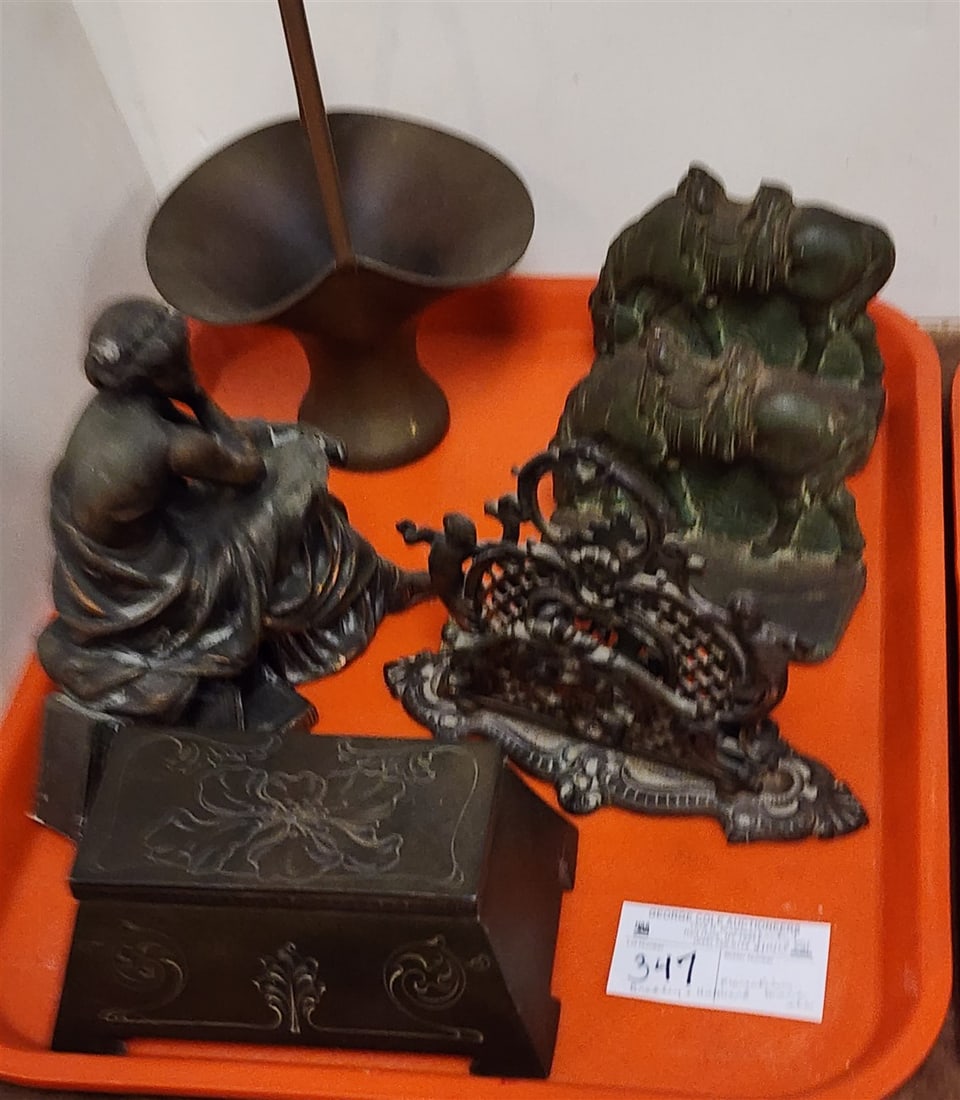 Tray Brass & Cast Iron items - White Metal 19th C Figural Click Topper 7 1/2" H, Bradley & Hubbard: Tray Brass & Cast Iron items - White Metal 19th C Figural Click Topper 7 1/2" H, Bradley & Hubbard Cast Letter Holder 5 1/2" H X 8" W, Pr. Cast Horse Bookends 4 1/2" H X 5" W, Brass Florentine
