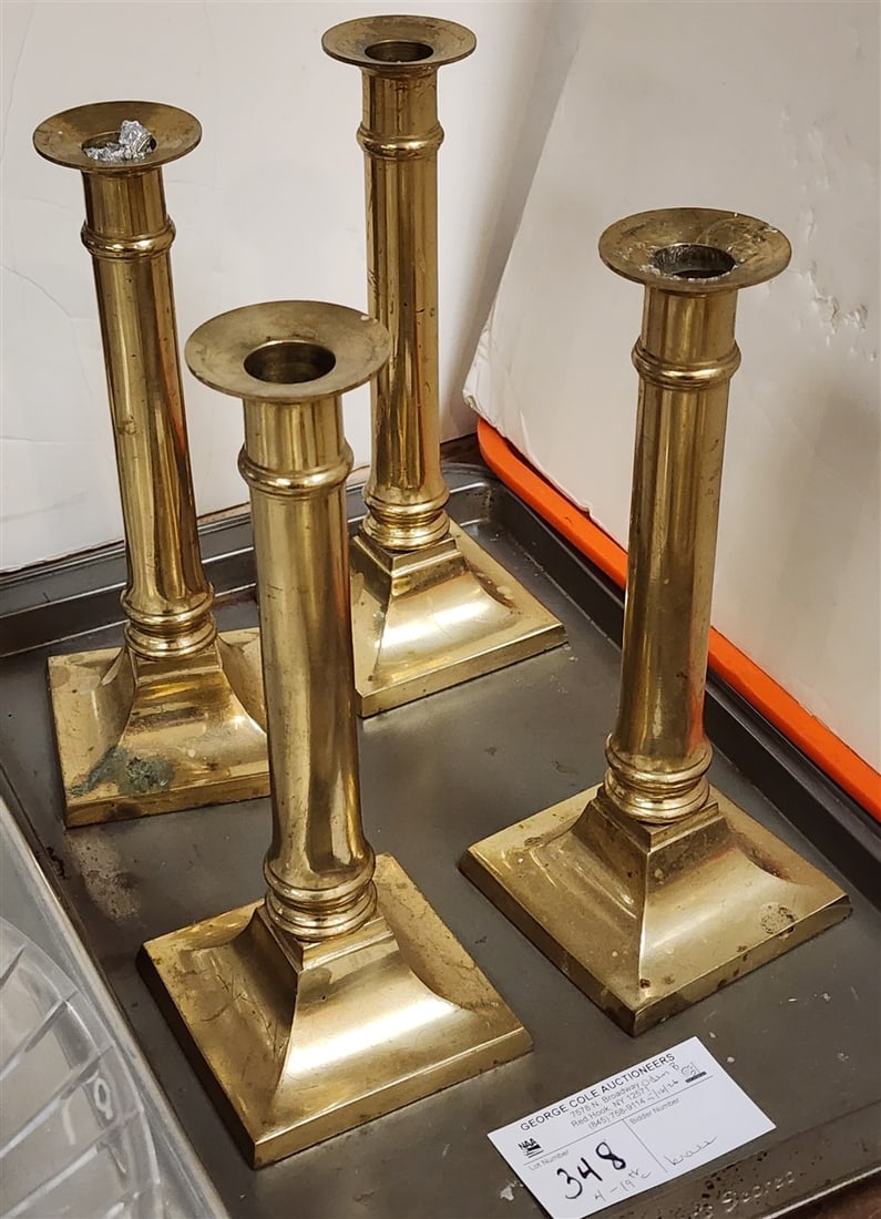 Tray 4 19th C Brass Candlesticks 9": Tray 4 19th C Brass Candlesticks 9"