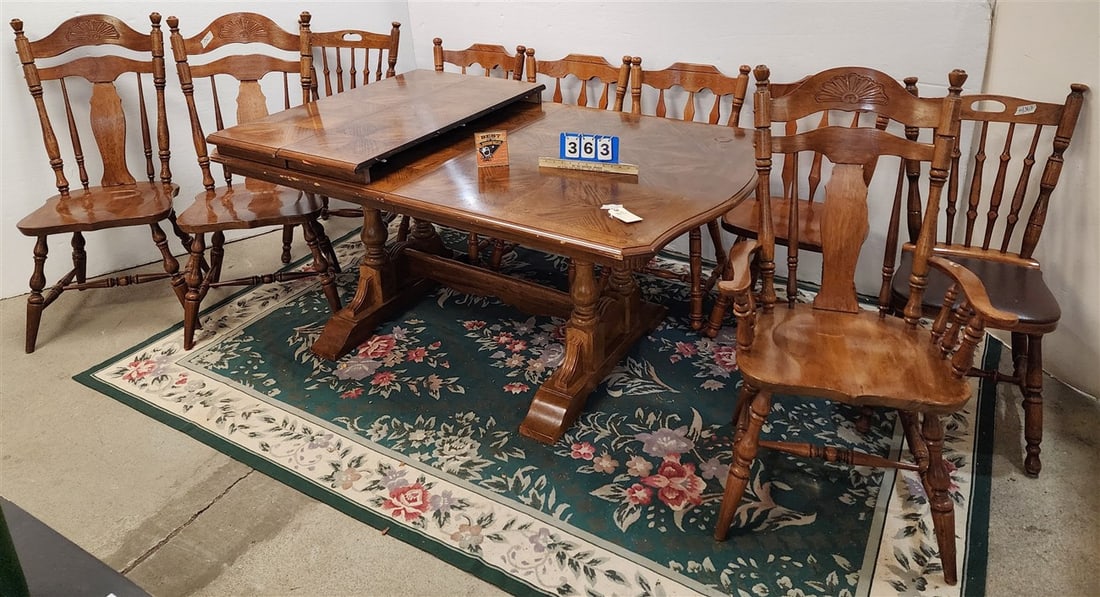 Oak Dining Table 29 1/2" H 5'8" L X 3'5 1/2" W w/2 Leaves + 9 Chairs: Oak Dining Table 29 1/2" H 5'8" L X 3'5 1/2" W w/2 Leaves + 9 Chairs