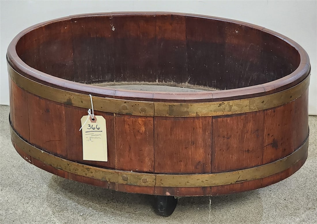19th C Wooden Coopered Planter/Wine Cooler w/Decorative Copper Banding 12" H X 24 1/2" W X 16 1/2" D: 19th C Wooden Coopered Planter/Wine Cooler w/Decorative Copper Banding 12" H X 24 1/2" W X 16 1/2" D