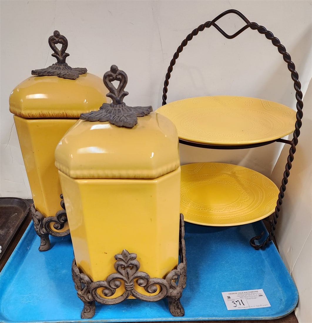 Tray 2 Ceramic Canisters On Cast Iron Bases & Finial 15 1/2" + 14 1/2" X 7" Sq. + Wrought 2 Tier: Tray 2 Ceramic Canisters On Cast Iron Bases & Finial 15 1/2" + 14 1/2" X 7" Sq. + Wrought 2 Tier Plate Stand w/2 10 1/2" Plates