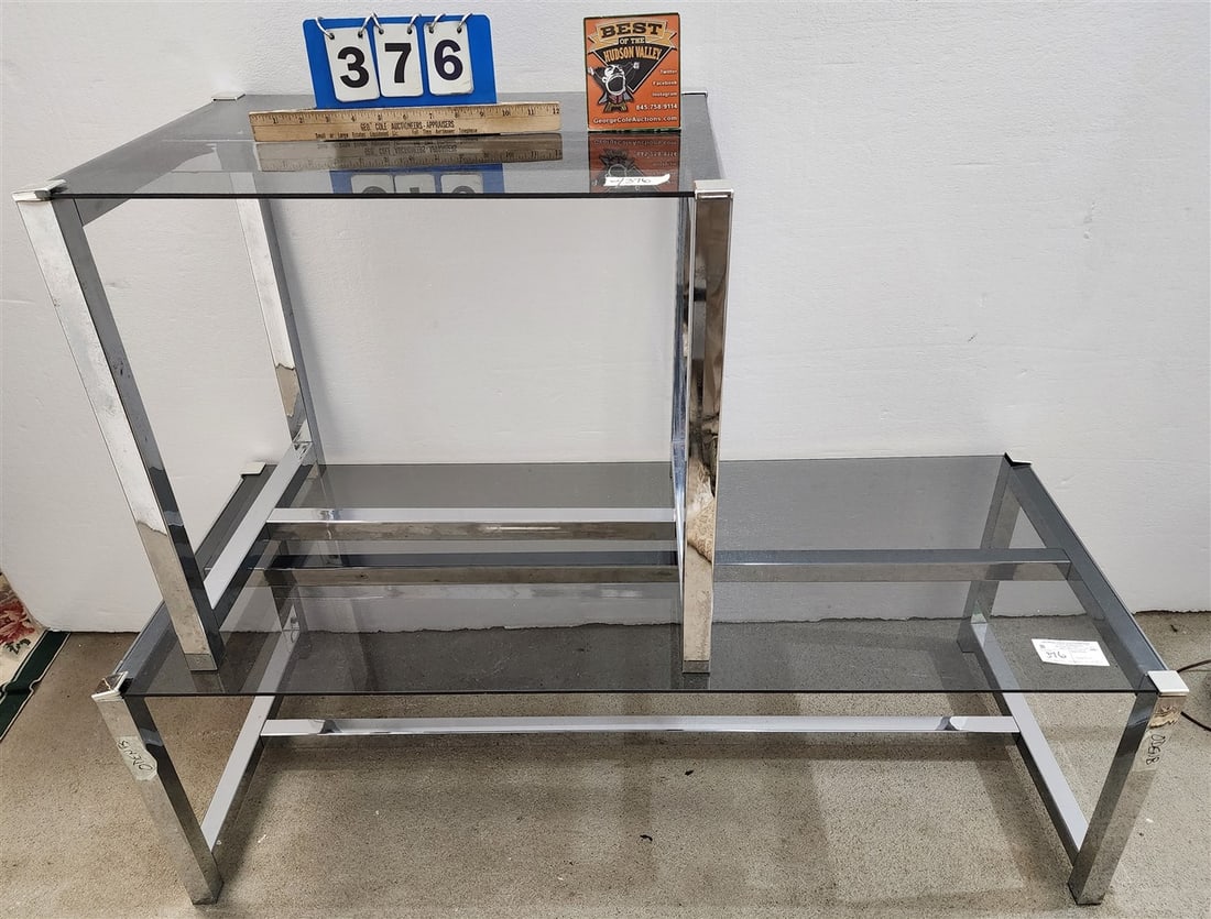 Chrome & Glass Coffee Table 16" H X 4' W X 19 1/2" D + Matching Side Table 21 1/2" H X 23 1/2" W X: Chrome & Glass Coffee Table 16" H X 4' W X 19 1/2" D + Matching Side Table 21 1/2" H X 23 1/2" W X 17 1/2" D
