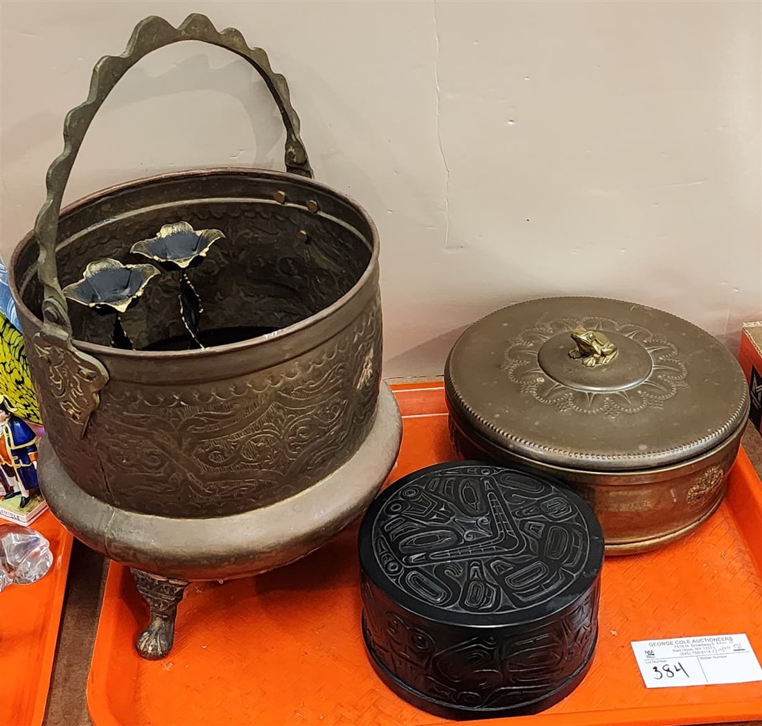 Tray 2 Covered Boxes Brass w/Frog Finial 5 1/2" X 8" Diam. + Haida Style Trinket Box 3" H X 6": Tray 2 Covered Boxes Brass w/Frog Finial 5 1/2" X 8" Diam. + Haida Style Trinket Box 3" H X 6" Diam., Brass Basket 15" H X 8 1/2" Diam. + Candlesticks