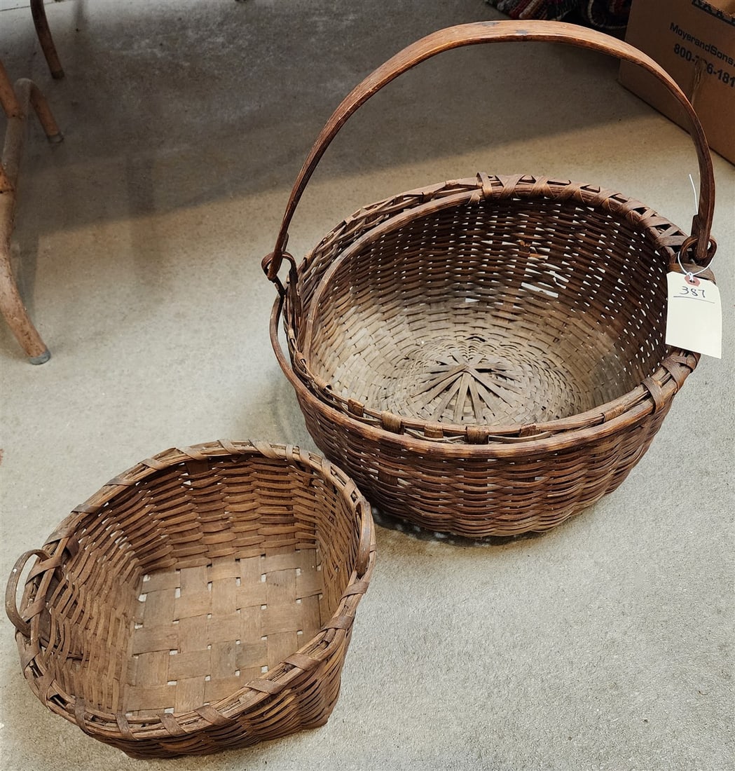 19th C Swing Handled Basket 9" H X 15" Diam. + Handled Basket 6" H X 11" Diam. (1 of 2)