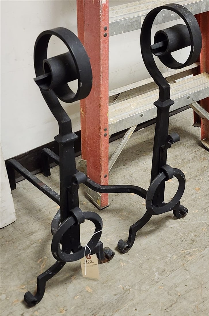 Vintage Wrought Iron Andirons 28" H: Vintage Wrought Iron Andirons 28" H