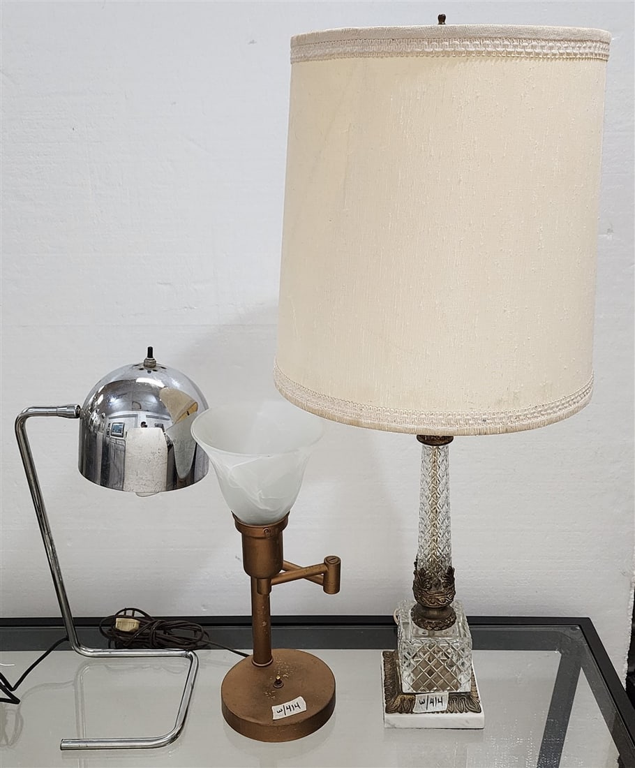 3 Table Lamps - Modern Chrome 19" H, Adjustable Metal & Glass 17" + Cut Glass & Marble 32" (1 of 2)