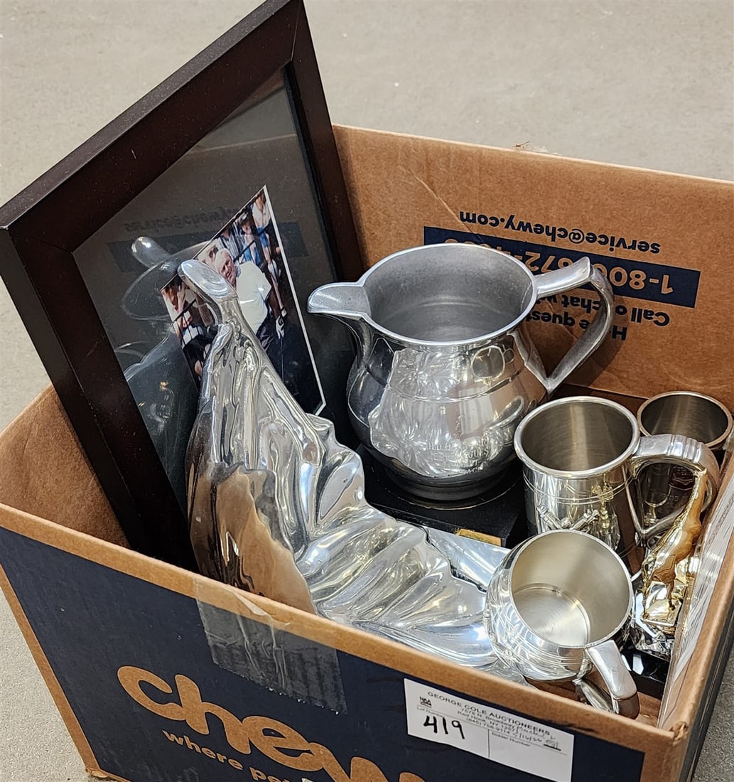 Bx Of Pewter Golf Trophies + Holland Boone Polished Pewter Leaf Bowl 5" H X 16" Diam. (1 of 4)