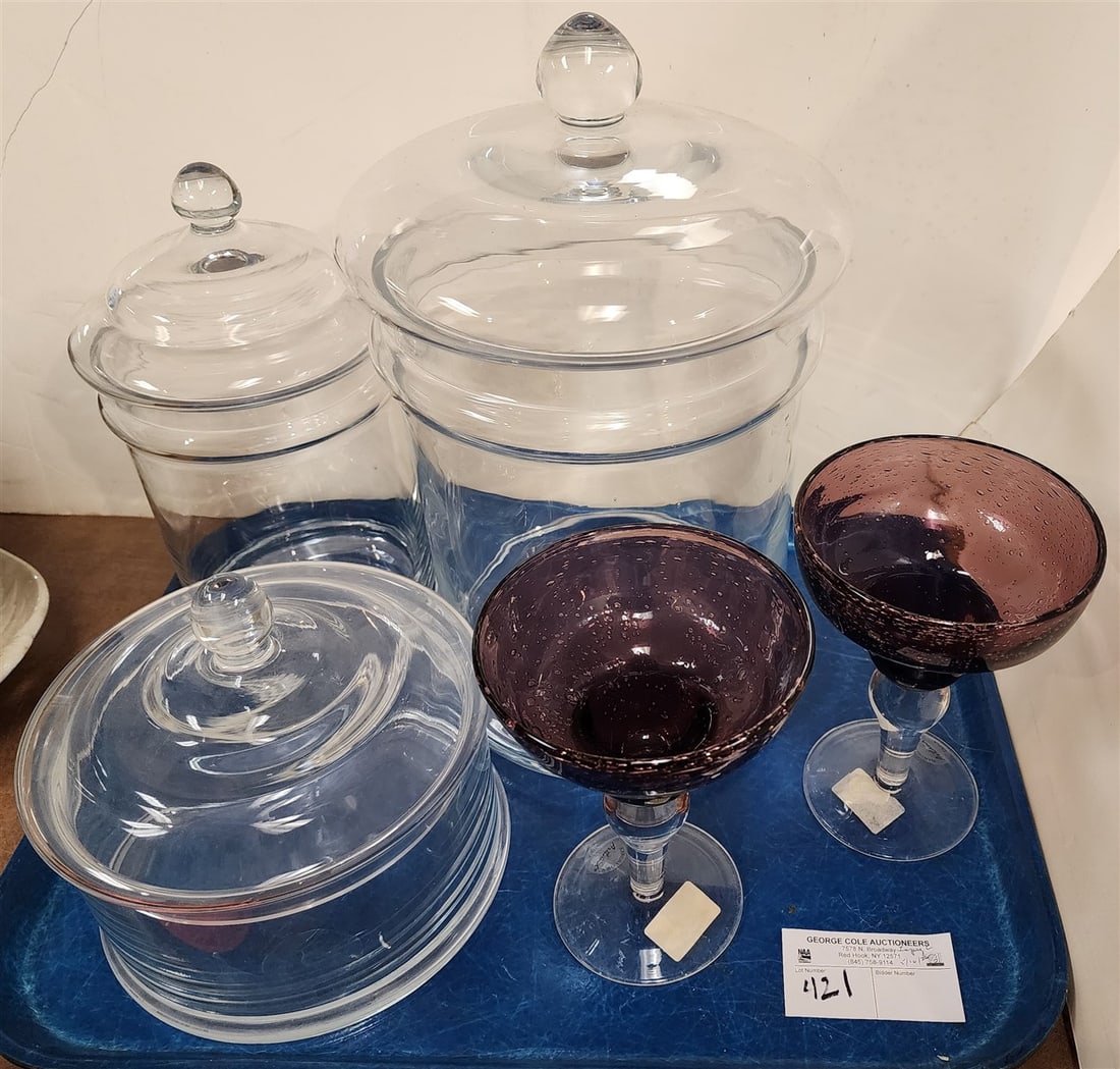 Tray 3 Glass Canisters 13" H X 7 1/2" Diam., 10" H X 6" Diam., 6" H X 7" Diam. + 2 Margherita: Tray 3 Glass Canisters 13" H X 7 1/2" Diam., 10" H X 6" Diam., 6" H X 7" Diam. + 2 Margherita Glasses