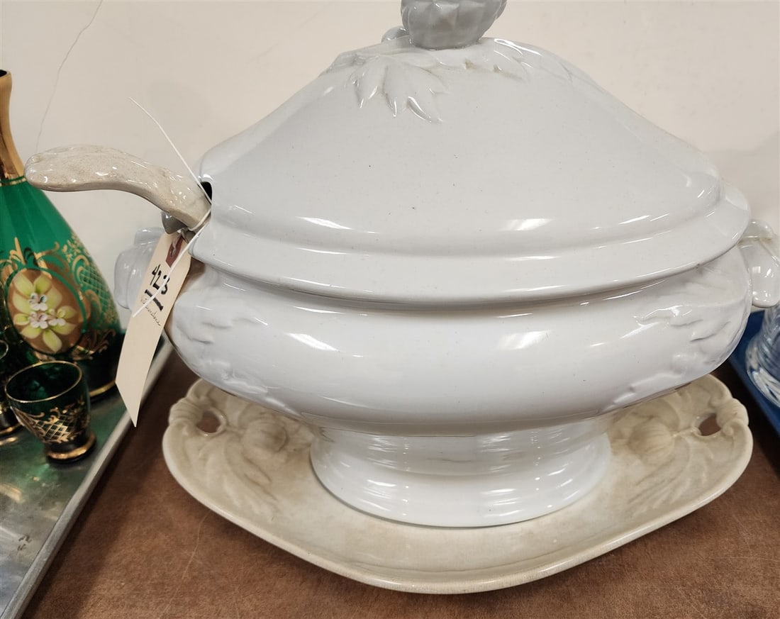 Victorian Ironstone Tureen w/Ladle 12" H X 15" W X 9" D + Liner 2" H X 15" W X 10 1/2" D: Victorian Ironstone Tureen w/Ladle 12" H X 15" W X 9" D + Liner 2" H X 15" W X 10 1/2" D
