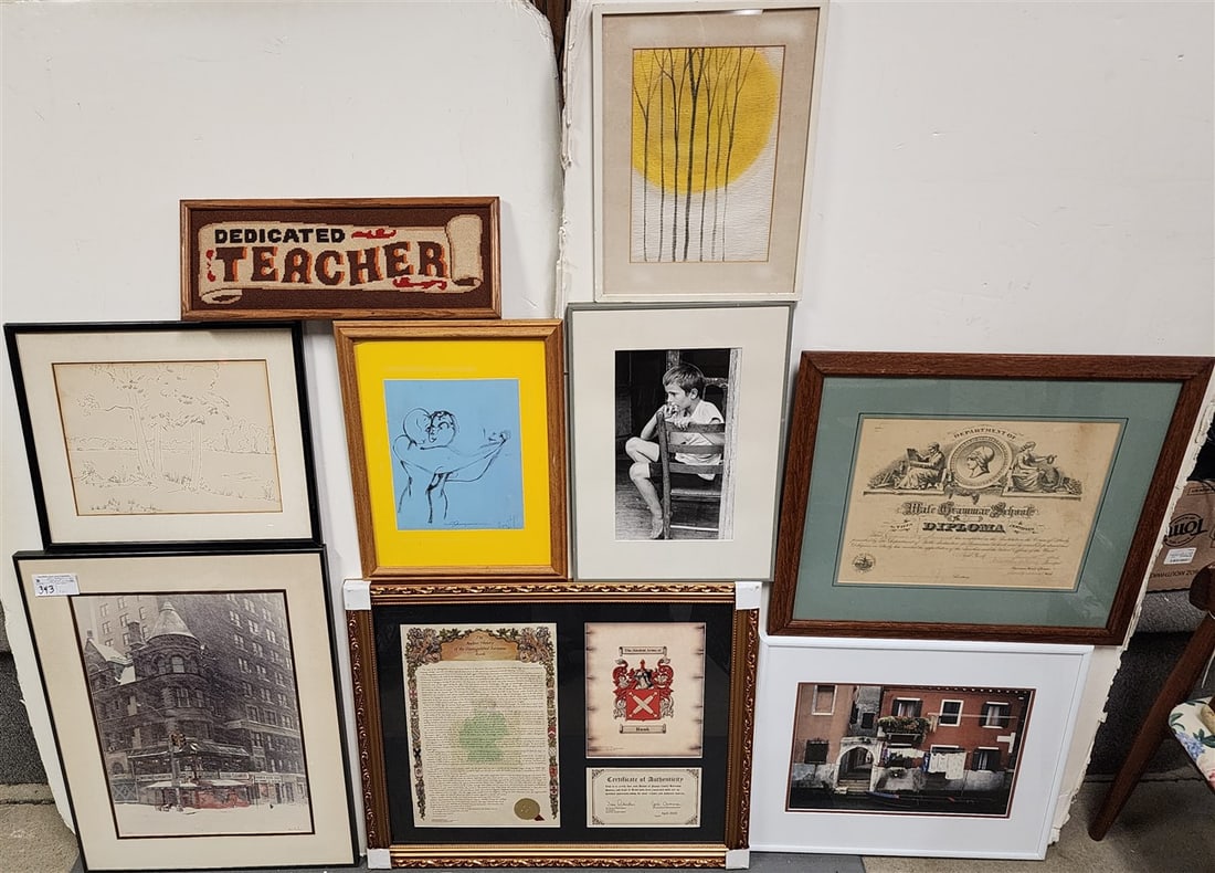 Lot 9 Framed Items - Coat Of Arms, Lithos, 1893 Diploma, Photographs, Oen & Ink Drawing, Etc. (1 of 13)