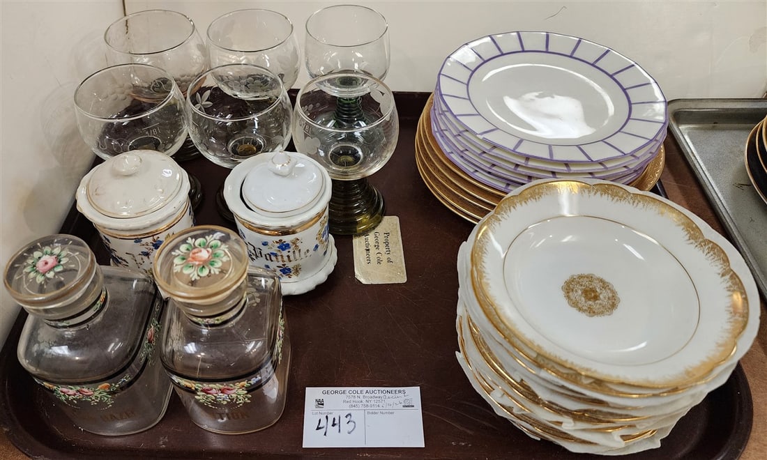Tray Of Items - 2 Hand Enameled Dresser Vases 5" + 2 19th C Porcelian Spice Canisters 4 1/2", 6 4": Tray Of Items - 2 Hand Enameled Dresser Vases 5" + 2 19th C Porcelian Spice Canisters 4 1/2", 6 4" German Stemware, 11 Limoges Berry Dishes, 6 Cauldon England Dessert Plates, Etc.