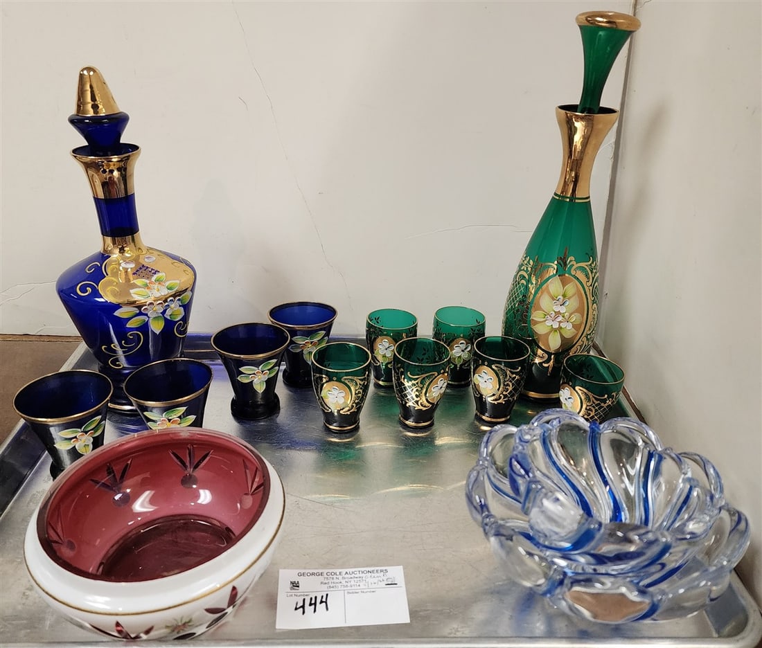 Tray Items - Hand Enameled Cobalt Decanter 10" w/4 Glasses, Hand Enameled Green Decanter 11 1/2" w/6: Tray Items - Hand Enameled Cobalt Decanter 10" w/4 Glasses, Hand Enameled Green Decanter 11 1/2" w/6 Glasses, White Cut To Cranberry Hand Enameled Bowl, 2 1/2" X 5", Etc.
