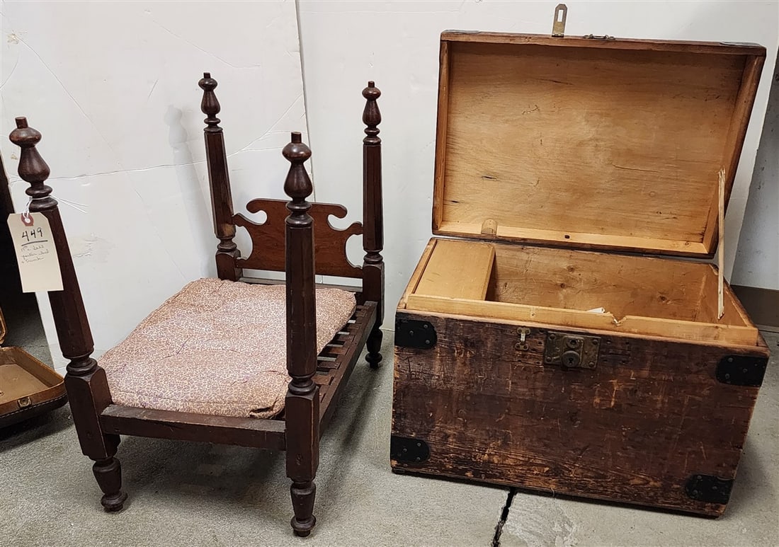 19th C Mahogany Doll Poster Bed 22" H X 13" W X 21" D + Trunk Of Doll Clothes 13 1/2" H X 20" W X (1 of 4)