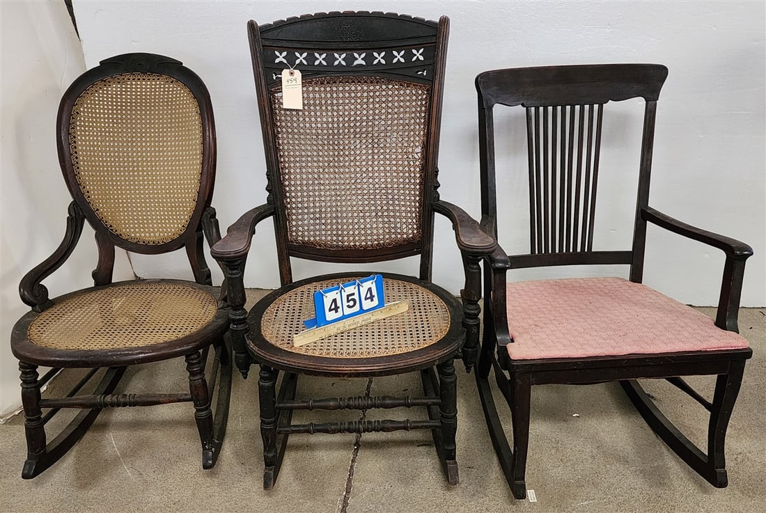 2 Victorian Rockers 38" H X 2' W X 18" D + 34" H X 19 1/2" W X 18 1/2" D + Mahogany Rocker 34" H X: 2 Victorian Rockers 38" H X 2' W X 18" D + 34" H X 19 1/2" W X 18 1/2" D + Mahogany Rocker 34" H X 22" W X 17" D