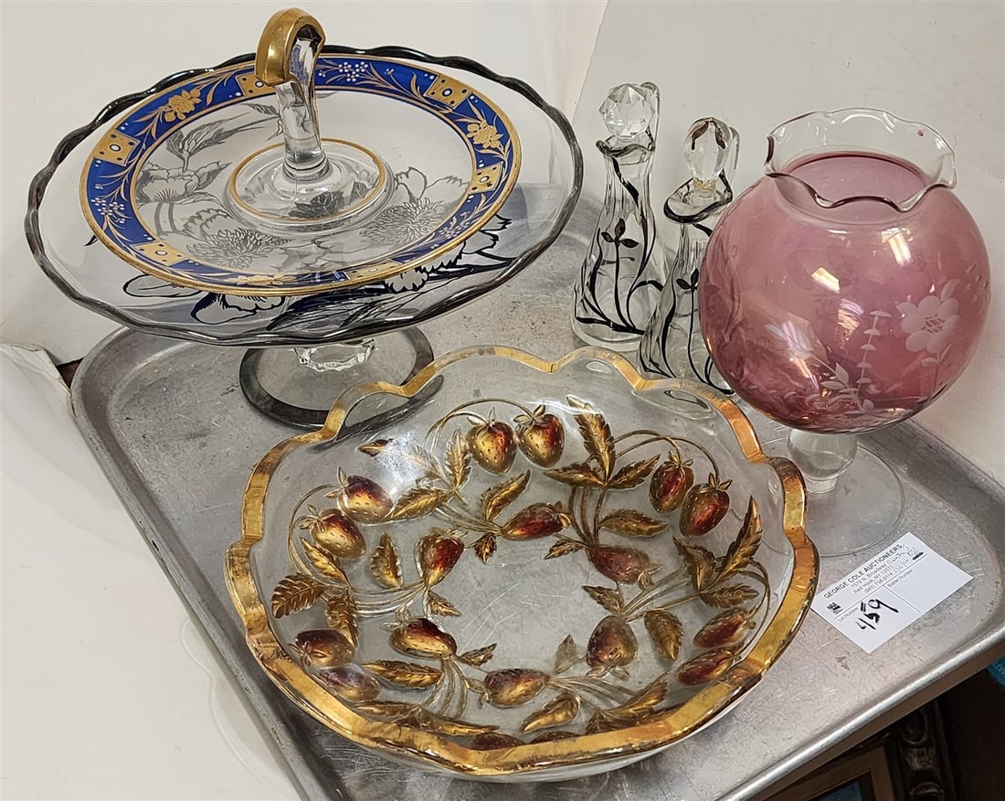 Tray Glassware - Silver Overlay Compote 5" H X 10" Diam., Pressed Glass Intaglio Cut Bowl 2 1/2" X: Tray Glassware - Silver Overlay Compote 5" H X 10" Diam., Pressed Glass Intaglio Cut Bowl 2 1/2" X 10 /2" Diam. Etc.