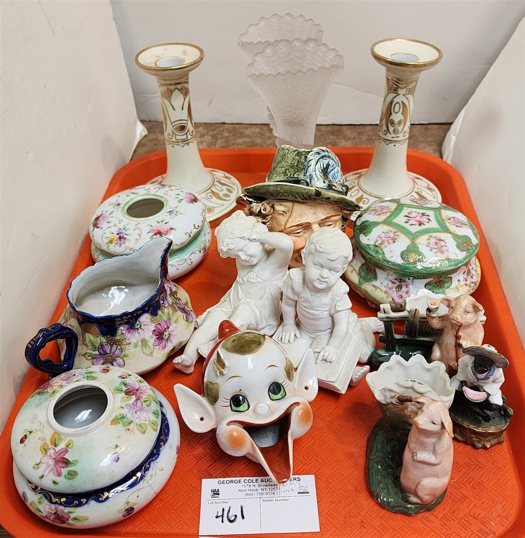 Tray Items - Nippon Candlesticks 6", Frosted Glass Hand Vases 6 1/2", Hair Receivers, 2 German (1 of 3)