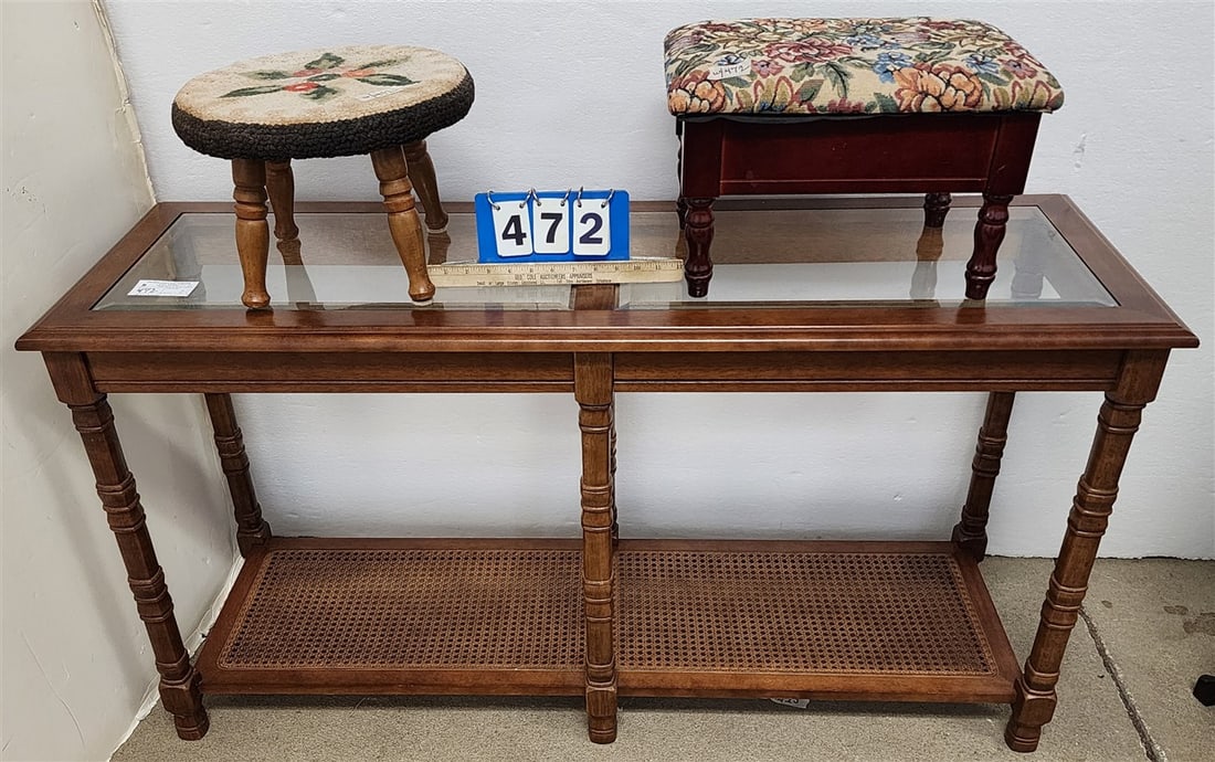 Mahogany Glass Top Console Table 27" H X 51" W X 17" D + Hooked Rug Top Foot Stool 9" H X 13" Diam.: Mahogany Glass Top Console Table 27" H X 51" W X 17" D + Hooked Rug Top Foot Stool 9" H X 13" Diam. + Lift Top Footstool 10" H X 15 1/2" W X 11" D