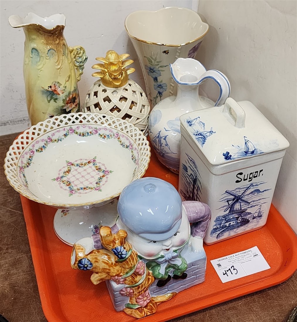 Tray Ceramics - Humpty Dumpty Tea Pot, Delft Sugar Canister, Lenox, Etc.: Tray Ceramics - Humpty Dumpty Tea Pot, Delft Sugar Canister, Lenox, Etc.