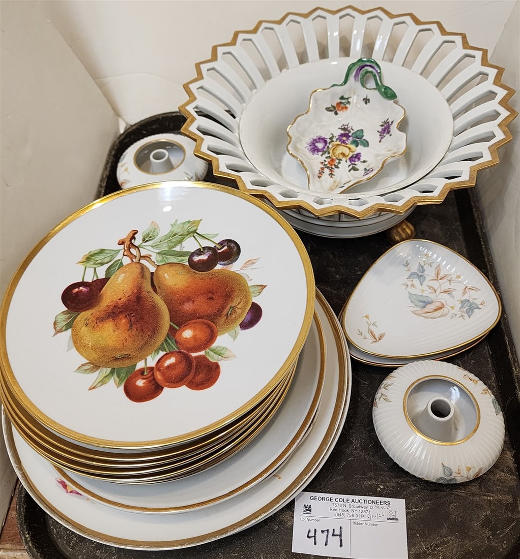 Tray Porcelain Dishes - 12 Bavarian Fruit Dishes, Portuguese Footed Reticulated Compote 4 1/2" H X: Tray Porcelain Dishes - 12 Bavarian Fruit Dishes, Portuguese Footed Reticulated Compote 4 1/2" H X 10 1/2" Diam., Etc.