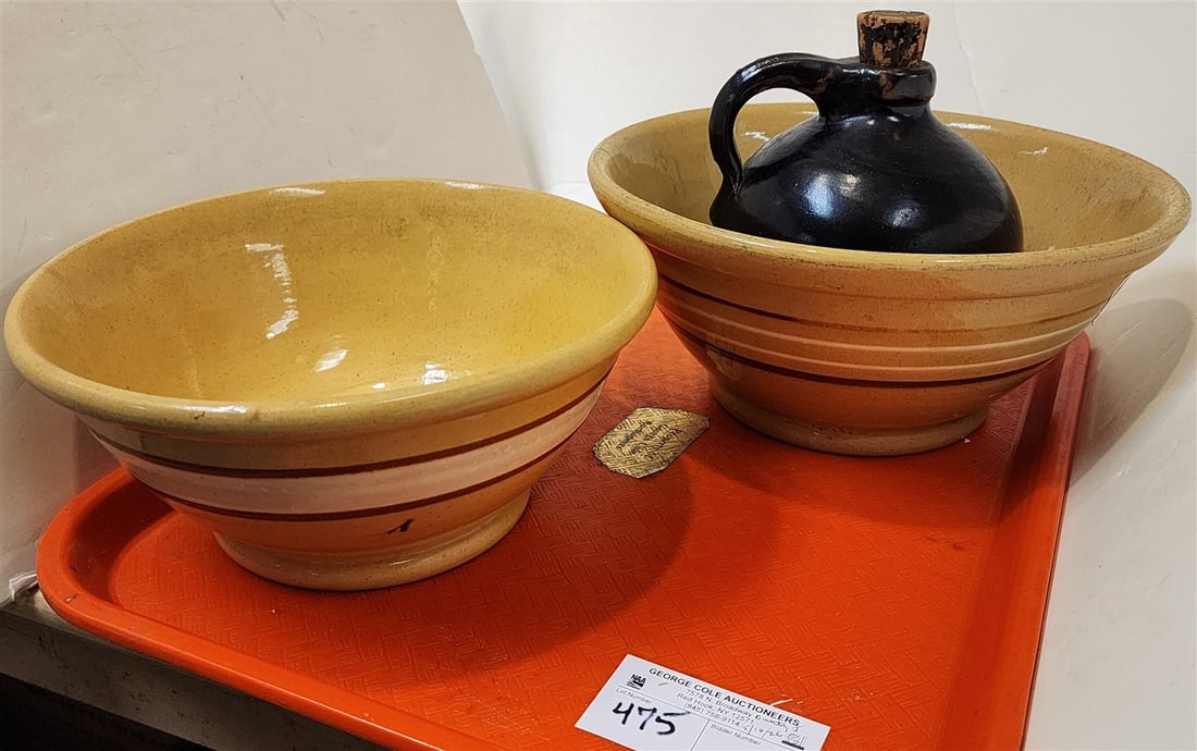 Tray Yellow Ware Mixing Bowls, 5" H X 10 1/2" Diam. + 4" H X 9 1/2" Diam. + Sm. Tin Glazed Jug: Tray Yellow Ware Mixing Bowls, 5" H X 10 1/2" Diam. + 4" H X 9 1/2" Diam. + Sm. Tin Glazed Jug