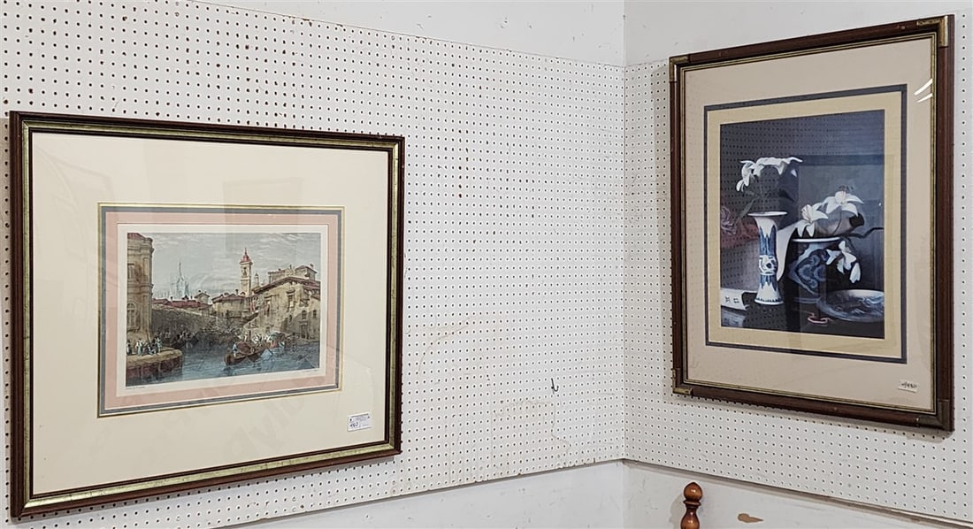 2 Framed Prints- European Canal Scene 15 1/2" X 21" w/Frame 32 1/2" X 38 1/2" + Still Life 22 1/2" X: 2 Framed Prints- European Canal Scene 15 1/2" X 21" w/Frame 32 1/2" X 38 1/2" + Still Life 22 1/2" X 19 1/2" w/Frame 39" X 33"